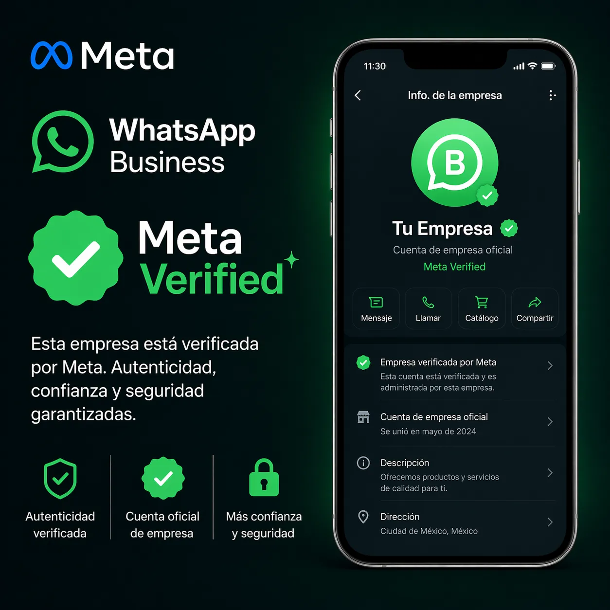 Meta Verified en WhatsApp Business mostrando cuenta de empresa verificada con insignia oficial