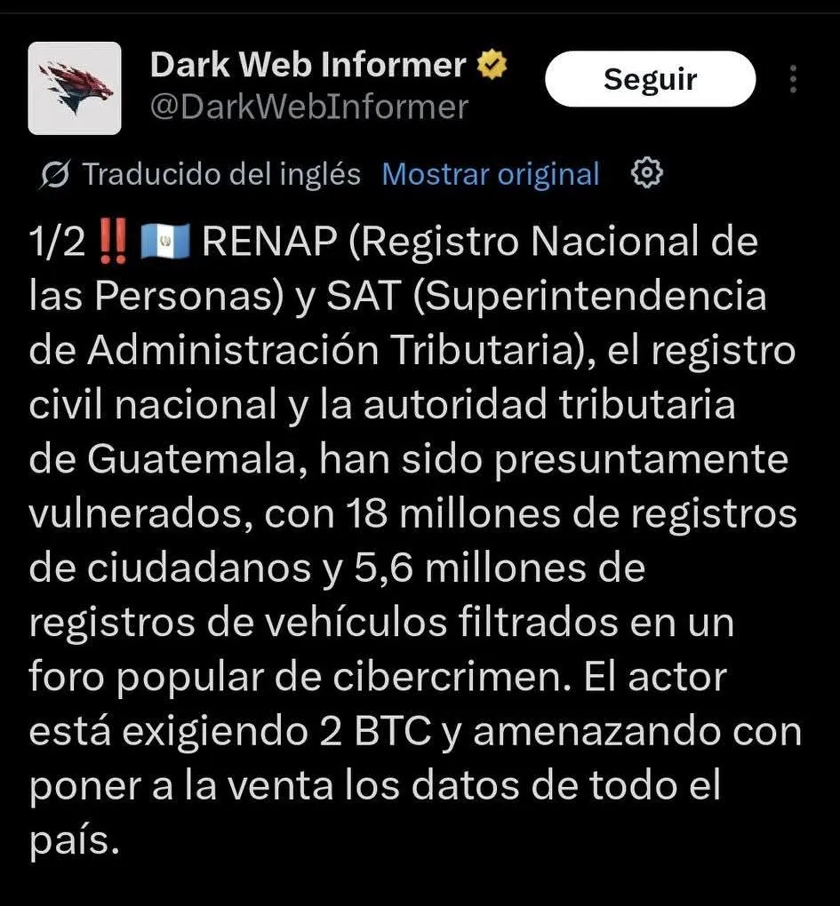 Informes oficiales de hackeo al RENAP