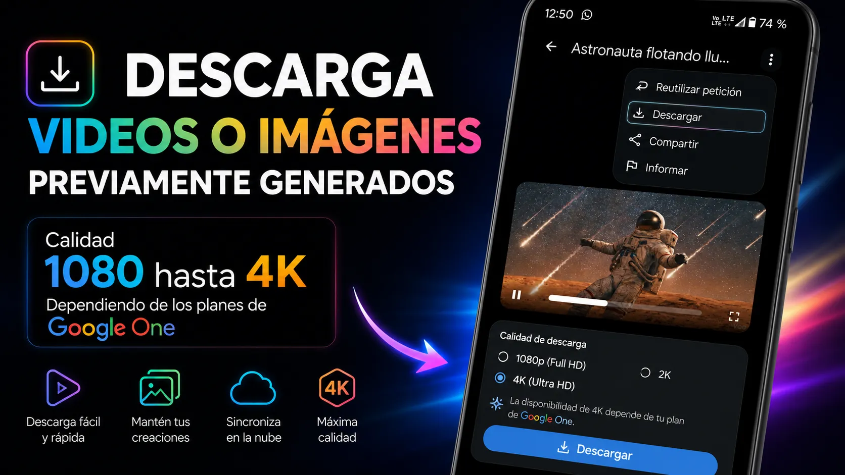 Proceso de descarga y exportaci&oacute;n de video generado con IA en Google Flow