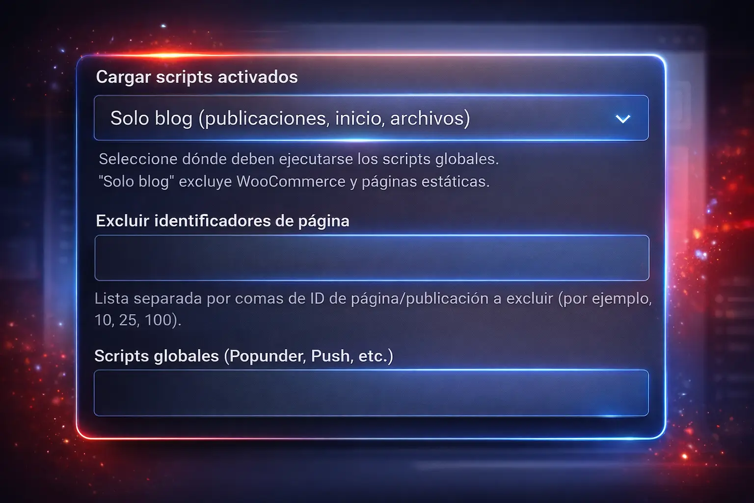 Interfaz de configuración de anuncios en el plugin de WordPress